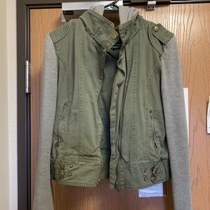 green denim jacket with contrast sleeves